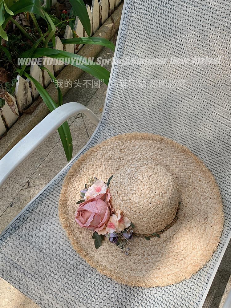 

Handmade Grass Woven Flower Sunshade Hat For Women s Summer Outings At The Beach, With A Large Brim And Breathable Sun Hat Adult 56-58cm Яскраво-рожевий