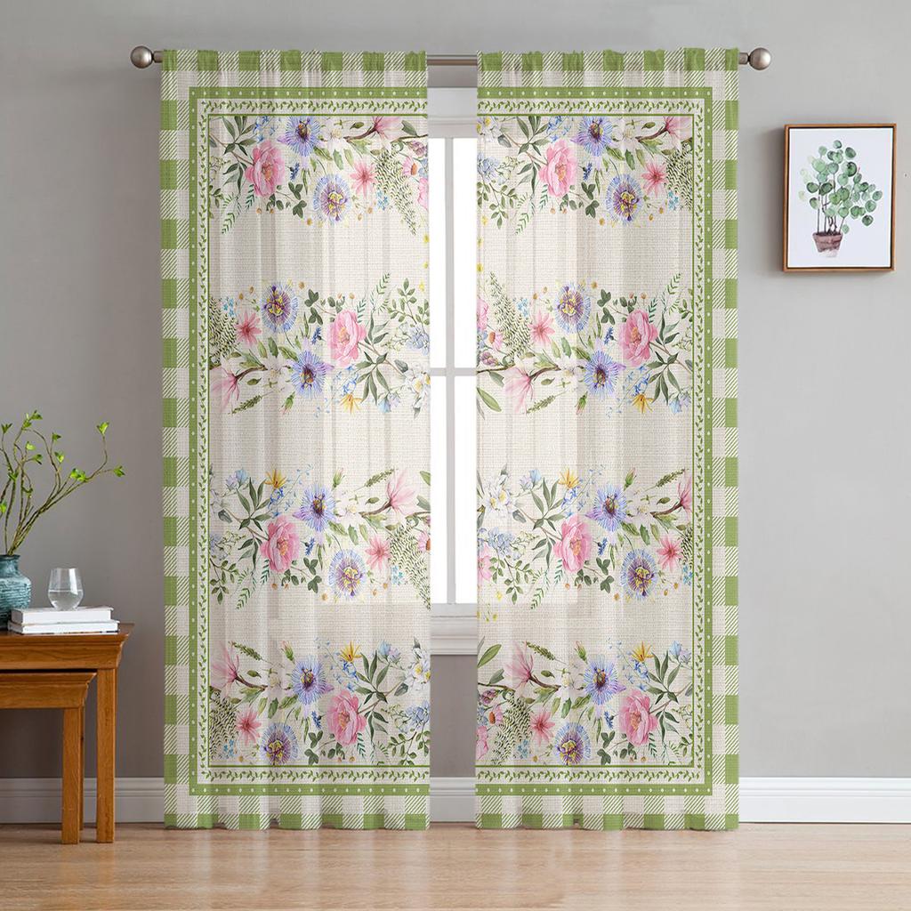 Summer Plaid Idyllic Flowers Sheer Curtains For Living Room Kitchen Bedroom Voile Hanging Window Drapes