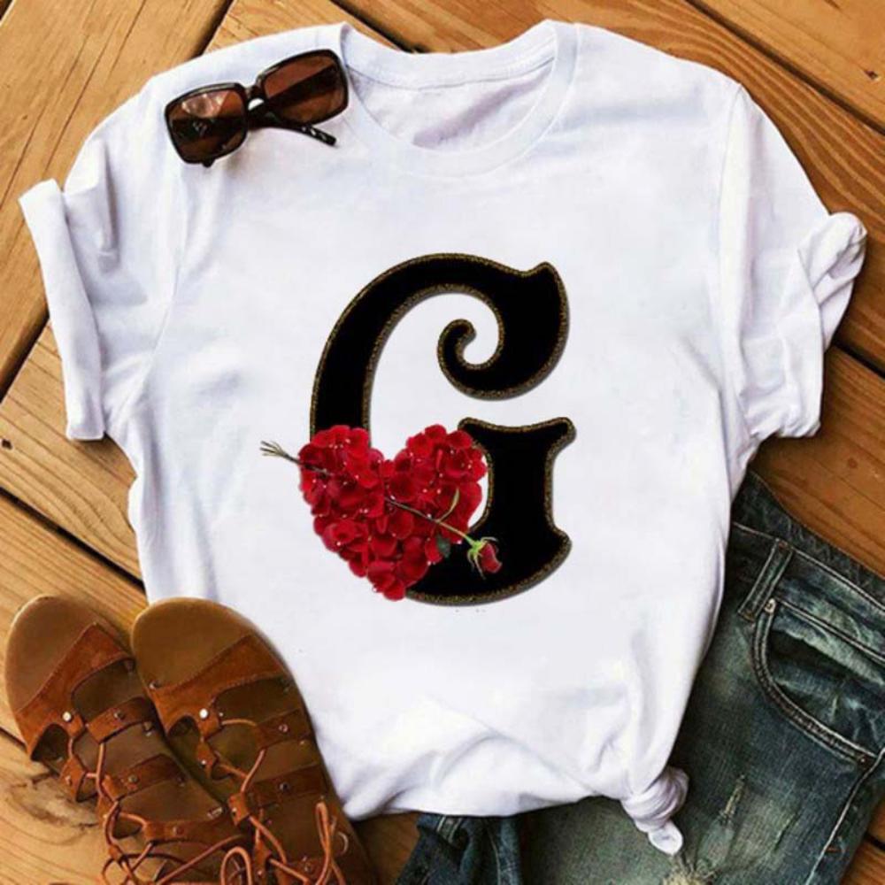 Rose ABC Alphabet Graphic Print White Tee Women Casual Loose Oversize Shirt Top Daily Wear Durable Plus Size Short Sleeve