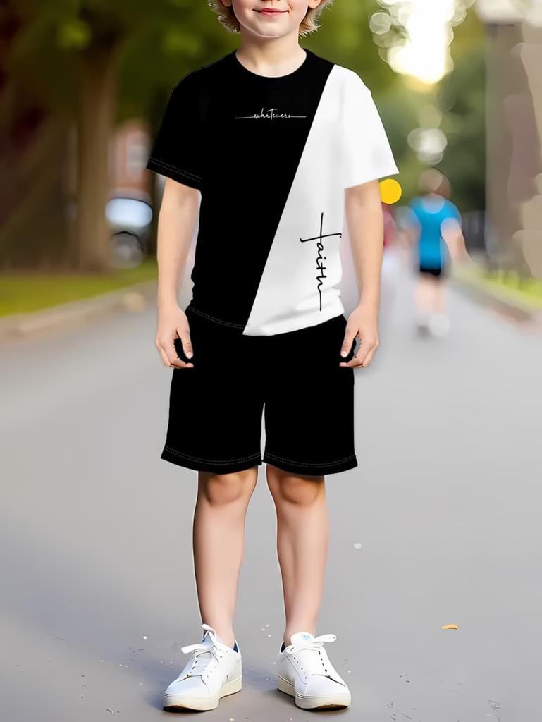 2026 Sommer Lässige Jungen T-Shirts Sets Rundhals Paris Buchstabe 3D Gedruckte Shorts Sport Zweiteiliges Anzug Outdoor Kinderkleidung