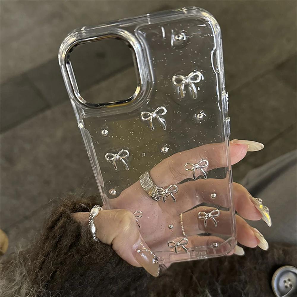 Luxury 3D Silver Bowknot Transparent Phone Case For iPhone 16 15 13 12 11 Pro Max 14 Plus Korean Girl Epoxy Glitter Soft Cover