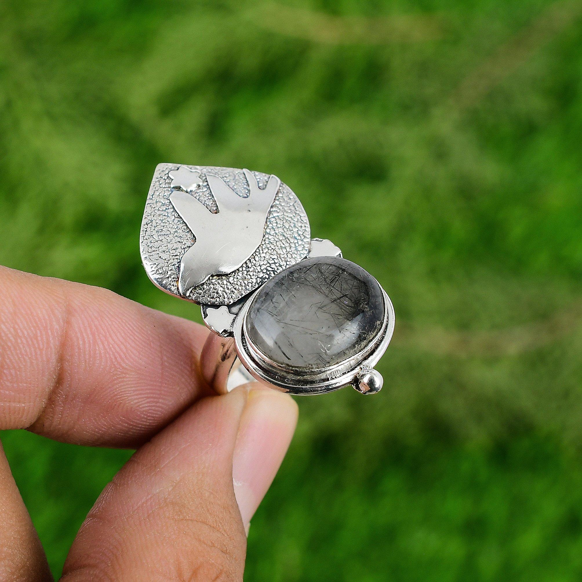 

925 Sterling Silver Black Rutilated Quartz Stone Solitaire Bird New Ring Jewelry Adjustable