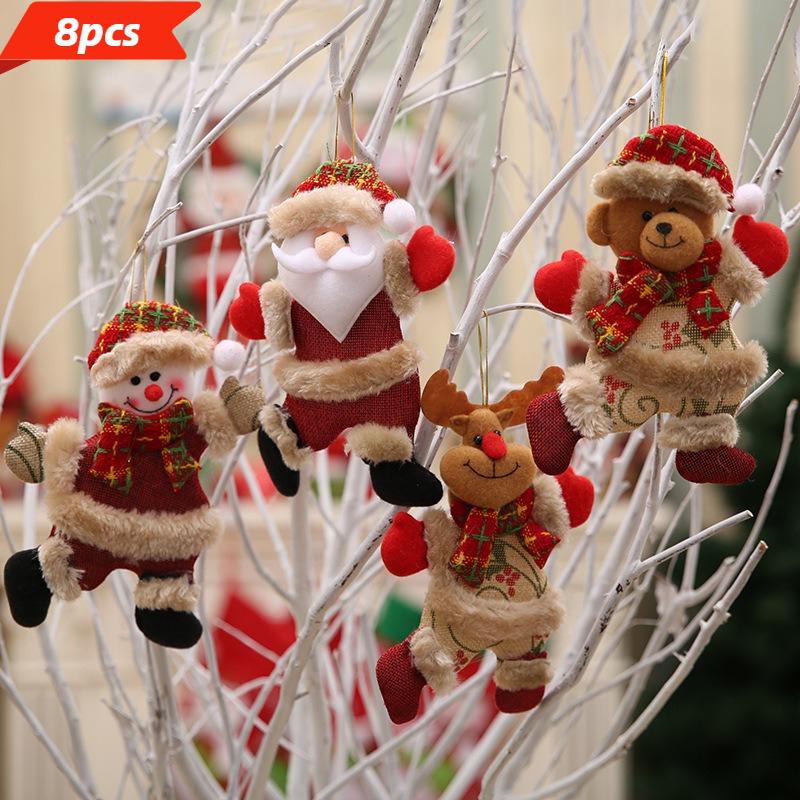 4/8pcs Festive Christmas Tree Ornaments -Santa,Snowman,Reindeer & Bear Figures with Red & White Scarves,Golden Balls & Red Bows