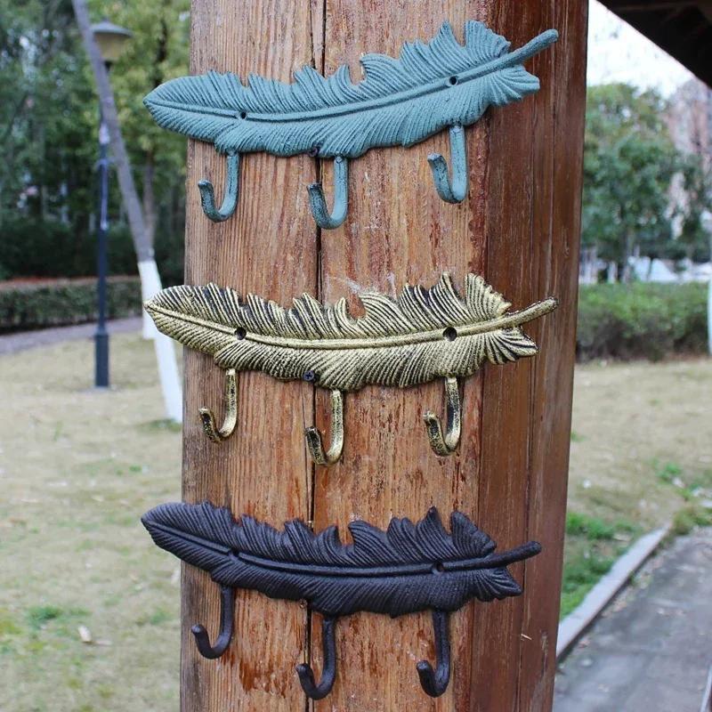 Feather Shape Single Three Hooks European Retro Style Originality Decorative Hooks Metal Iron Art Clothes Hat Key Wall Hooks