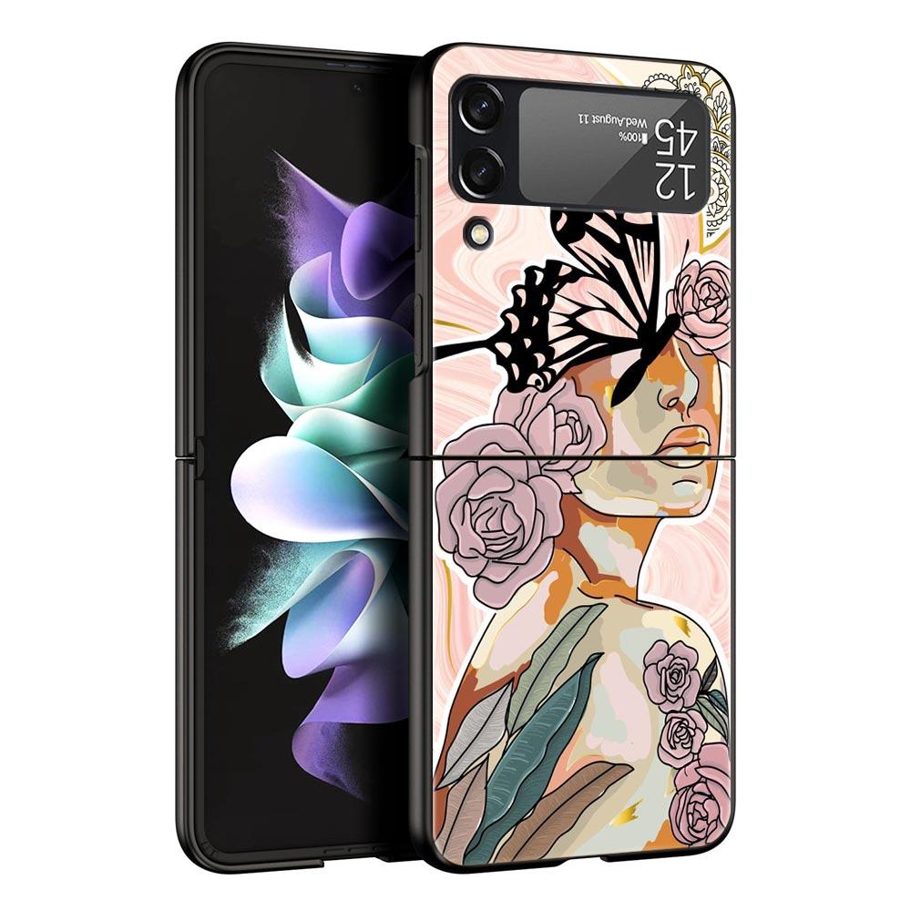 Paris Art Blue Butterfly Girl Flower Phone Case for Samsung Galaxy Z Flip 3 4 5 Black Folding Mobile Shell Hard Protect Cover