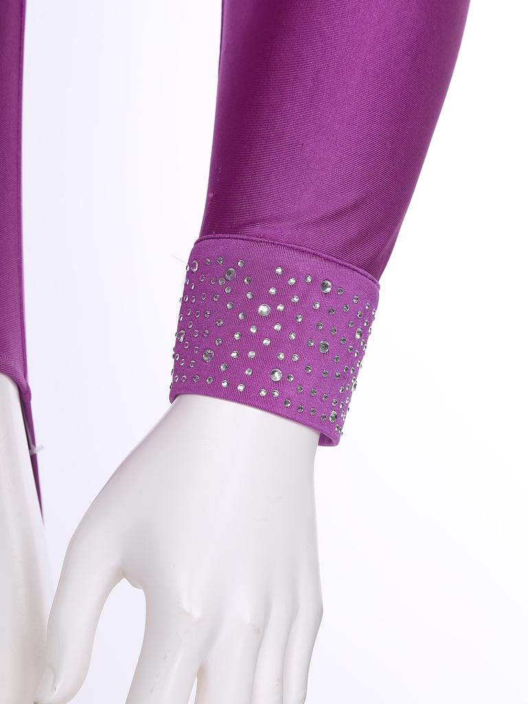 Mens Shiny Rhinestones Latin Dance Leotard Turn Down Collar V Neck Long Sleeve Button Shirt