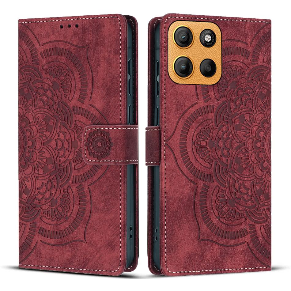 

Кожаный чехол для Motorola Moto G15 4G WANLONFENG Серия HDM Тиснение Мандала Кошелек Подставка Чехол для телефона Wine Red