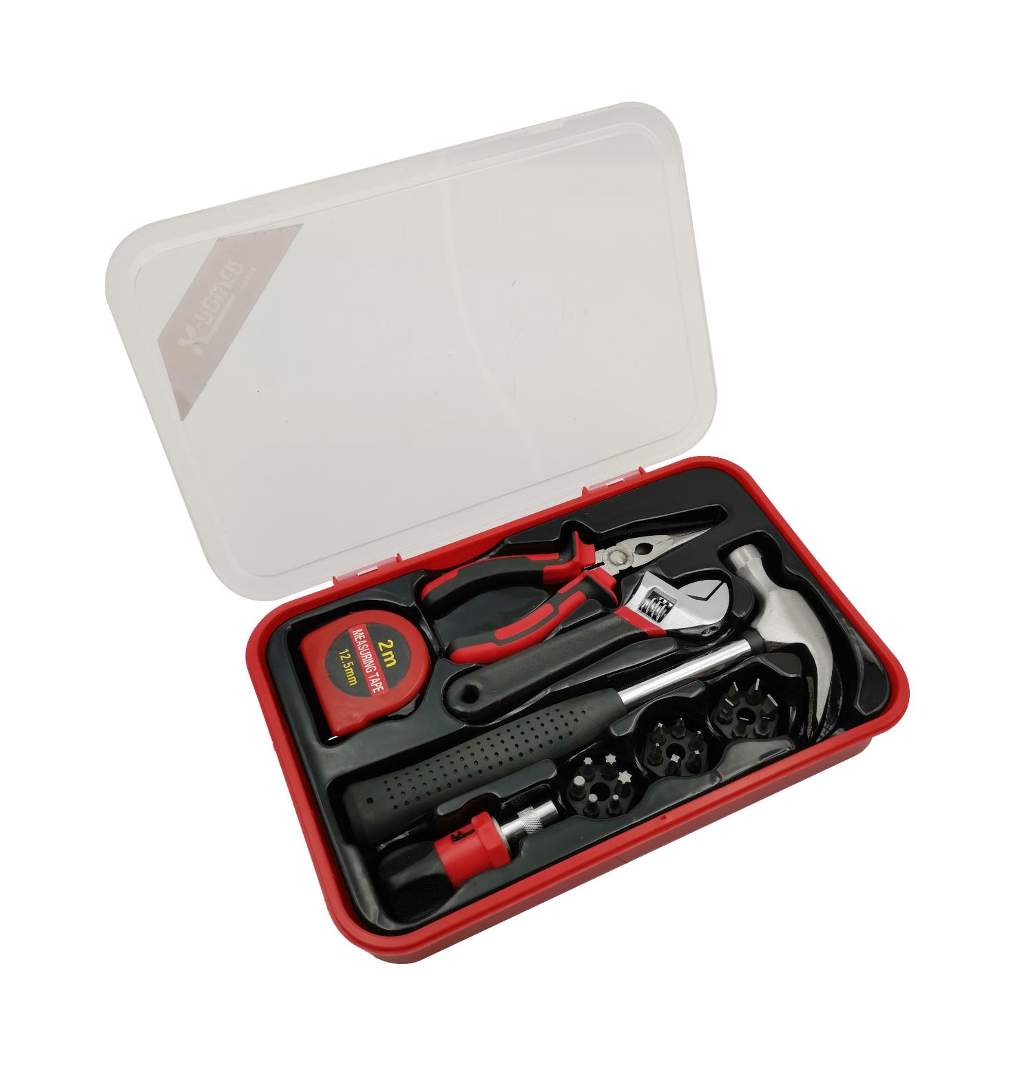 

Набор ручных инструментов. Универсальный бытовой ручной инструмент. 23 комплекта. Отвертки, плоскогубцы, молотки, рулетки, гаечные ключи с пластиковым ящиком для инструментов. 23Pcs
