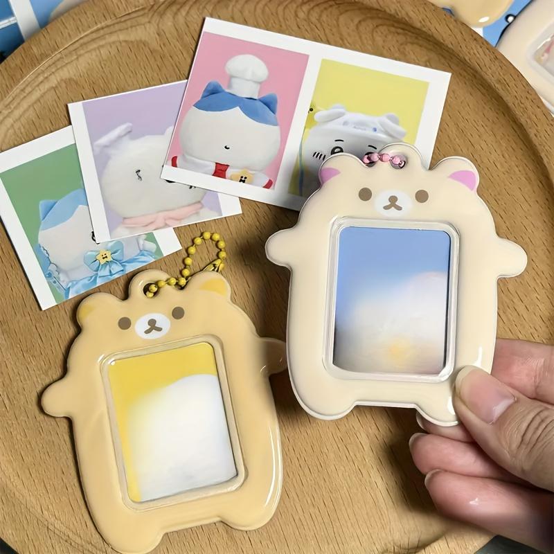 Teddy Bear Photo Frame 2-Inch Protective ID Case with Chain, Wipe-Clean Surface for K-POP Display, DIY Scrapbooking Gift
