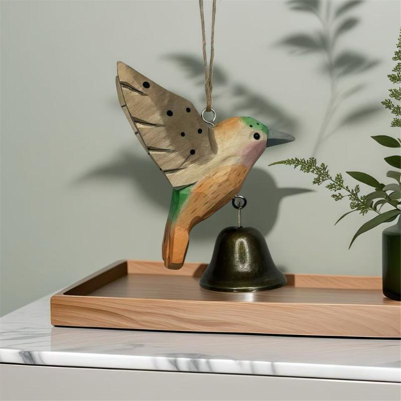 Hand Carved Wooden Hummingbird Figurines Hanging Ornament for Car Office Home Decors Wood Hummingbird Wind Chimes