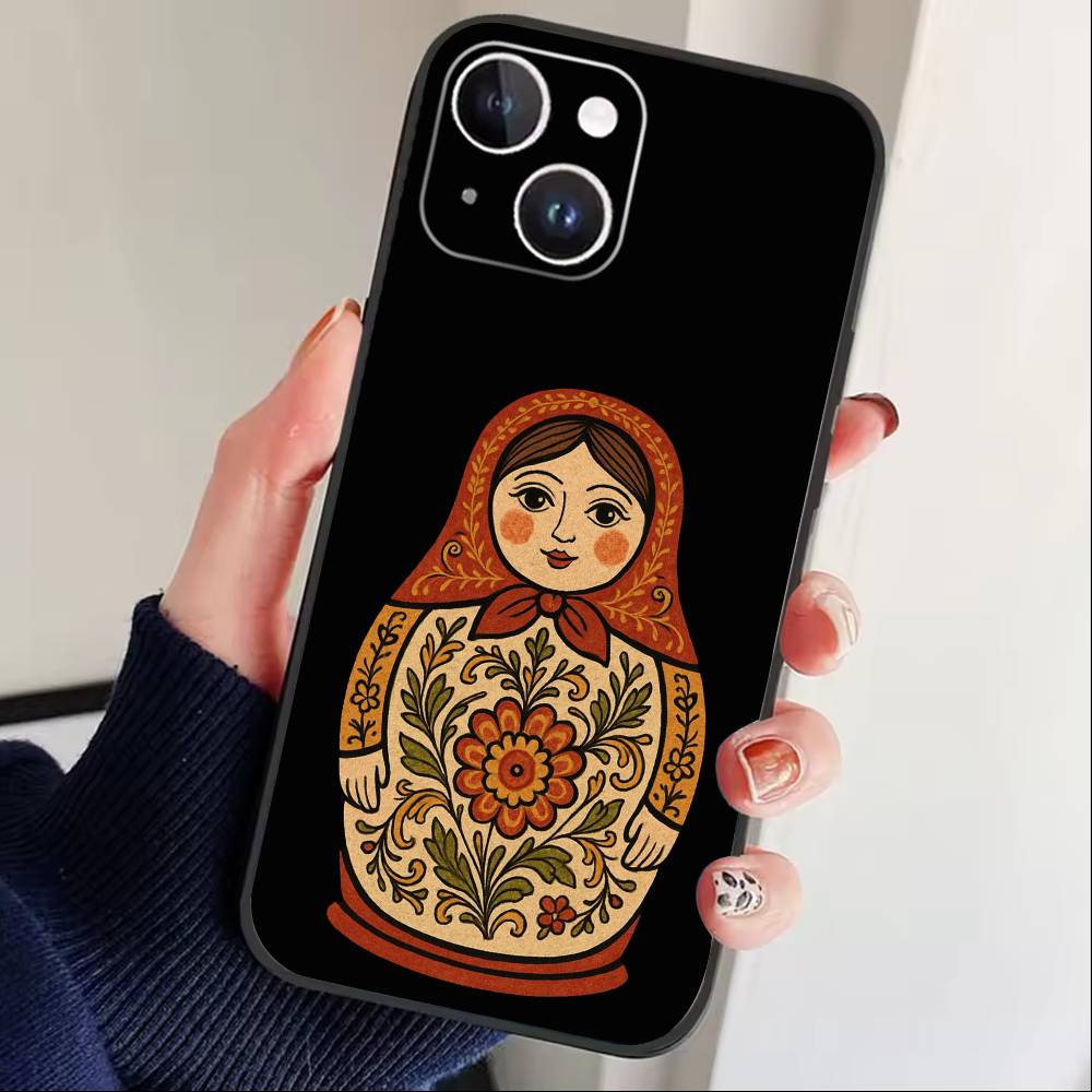 Russian Dolls Matryoshka Phone Case For iPhone17,16,15,14,13,12 Plus,Max Soft Silicone Black Cover