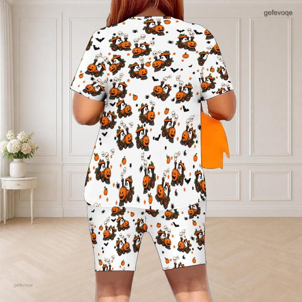 Women Plus Size Halloween Printed Round Neck Short Sleeve Top And Fitted Shorts Two Piece Set