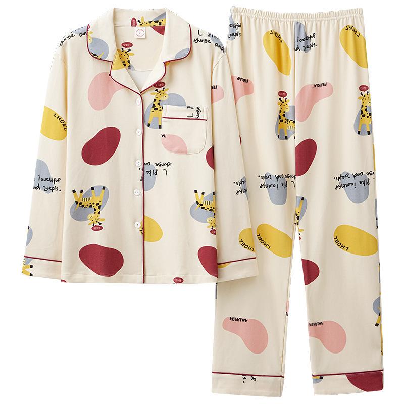 100% pure cotton pajamas women's long-sleeved printing set casual loose spring and autumn thin air-conditioned clothing loungewear can be worn outside