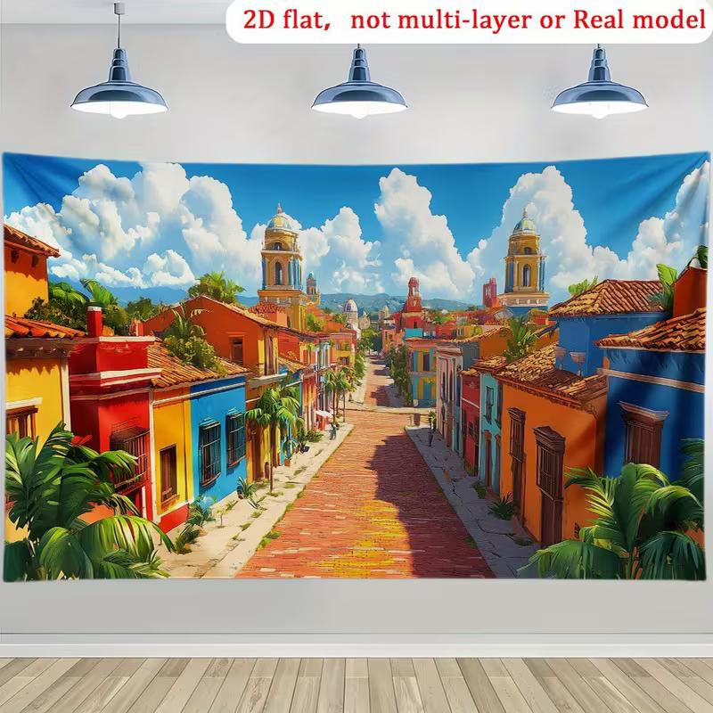 2D Dreamy Caribbean Town Tapestry, Palm Trees & Cobblestone Street
