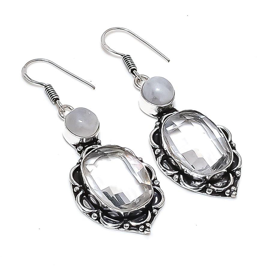 Natural White Topaz, Moonstone 925 Sterling Silver Jewelry Earring 2.25" I9t07