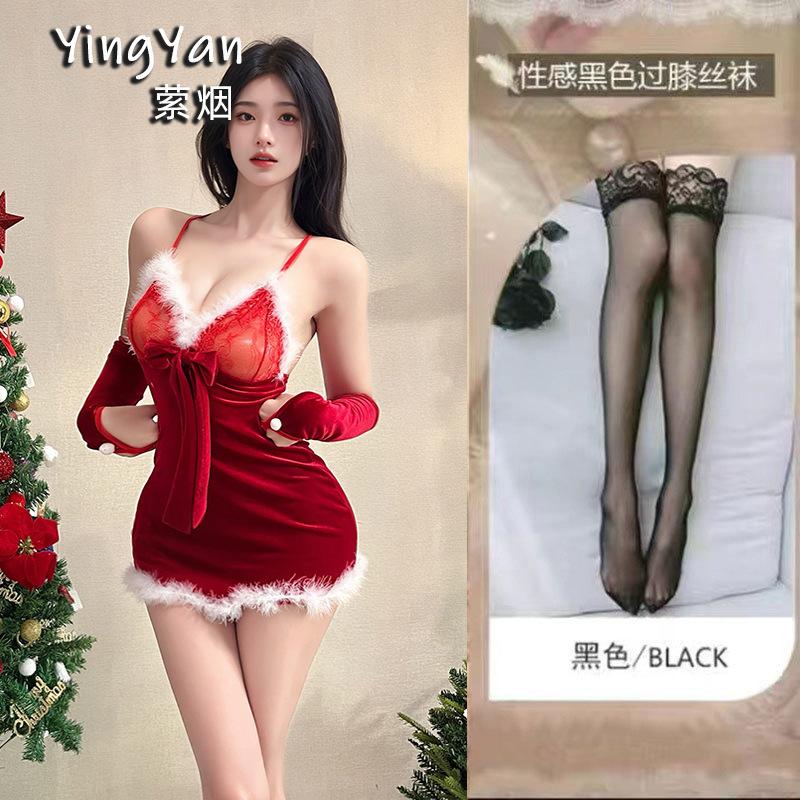 Erotic underwear women's sexy plush suspender nightdress short skirt Christmas dress battle robe passion free uniform suit