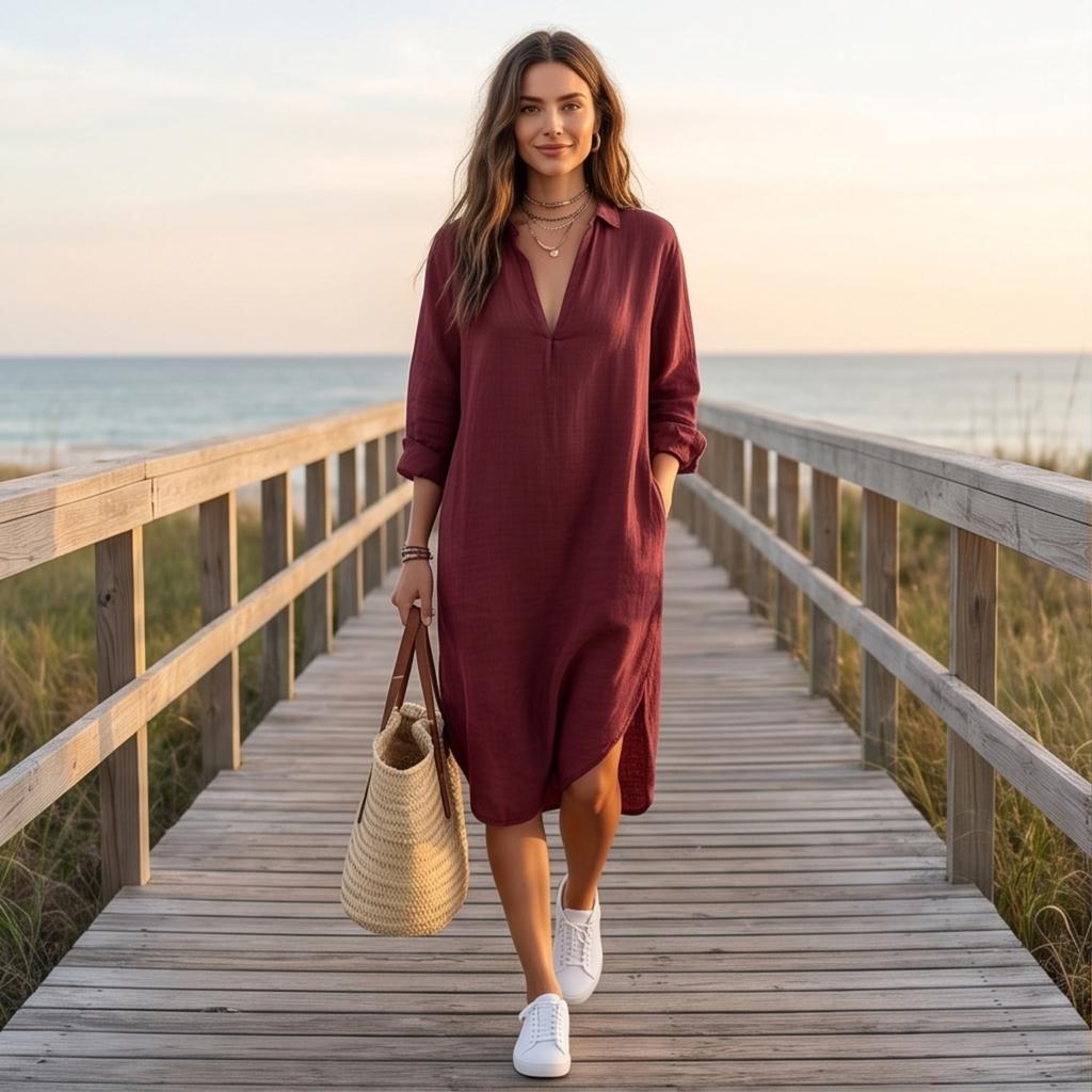Damen Leinen Hemdkleid Lockerer Schnitt Mittellang Lässiges Sommerkleid
