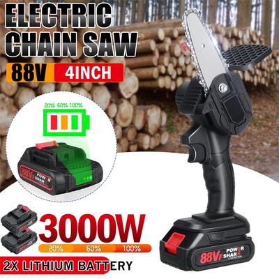 3000W 4 Inches Mini Electric Chain Saw 88V With 2 Battery Digital Display Woodworking Pruning One-handed Garden Logging Power Tool
