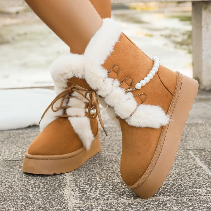 Non Slip Thick Bottom Furry Snow Boots Women 2025 Winter Pearl Bead Fluffy Fur Ankle Boots with Platform Warm Plush Suede Shoes