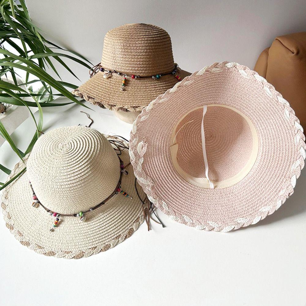 Wide Brim Folding Straw Hats Spring Summer Women's Sun Hat Bohemian Beaded Strap Straw Hat  Outdoor