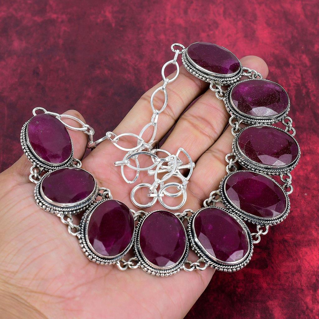 Kashmiri Roter Rubin 925 Sterling Silber Halskette, Edelstein Halskette Geschenk für Sie handgemachter zierlicher Schmuck, Für Thanksgiving