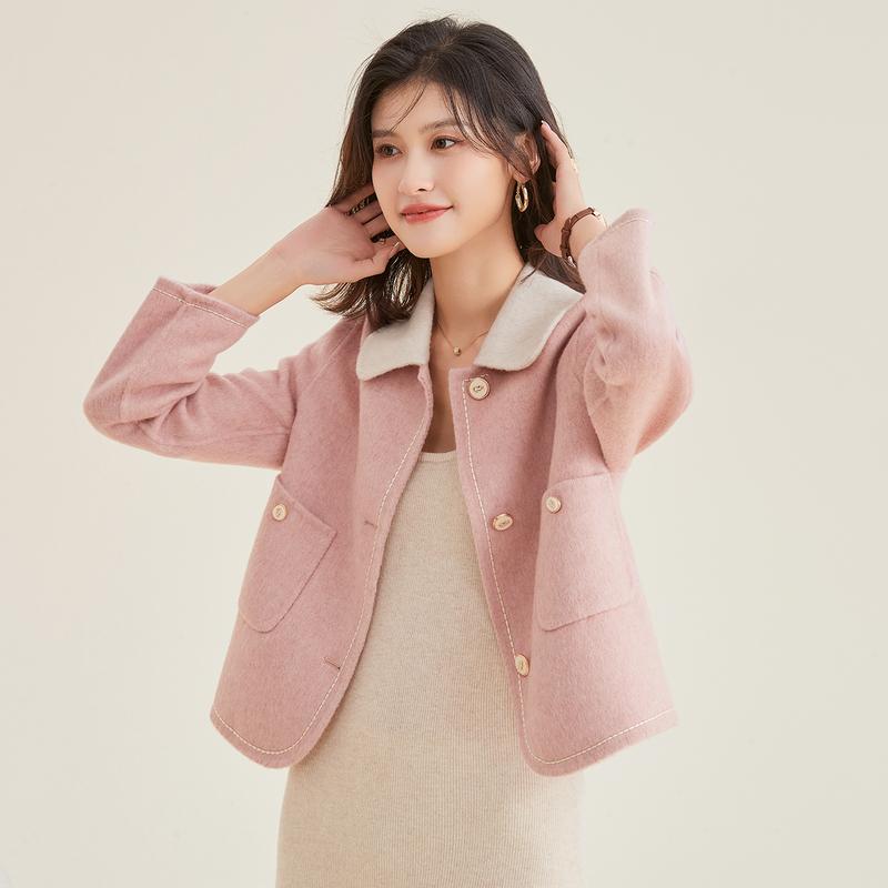 [Sheep Wool Coat] Short Color Blocked Double Sided Woolen Coat for Women Autumn/Winter, Flip Collar Cardigan with Side Pockets