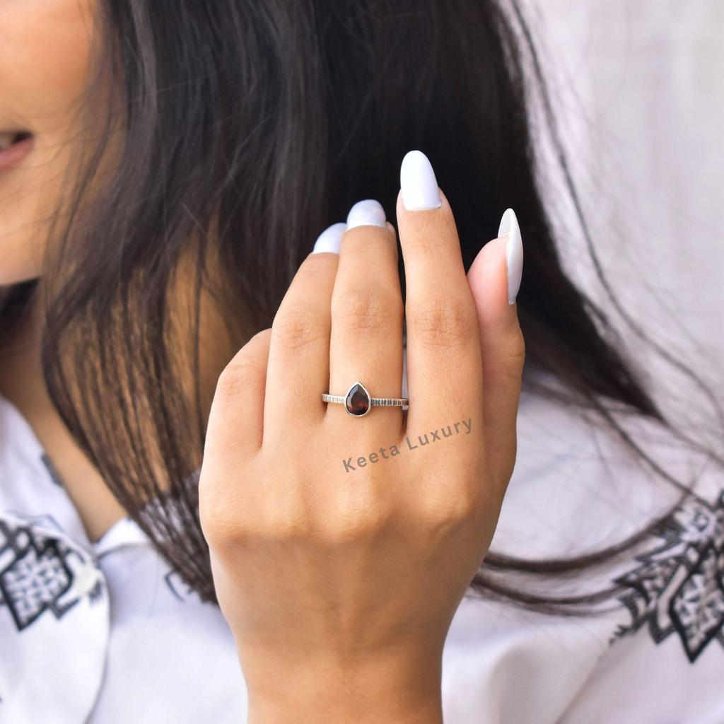 Natural Red Garnet Oxidized Ring Garnet Dainty Ring for Women Sterling Silver Small Stone Ring Bridesmaid Jewelry Unique Gift for Her
