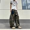 American retro patch pocket camouflage scimitar jeans men and women street ruffian handsome loose wide-leg casual overalls