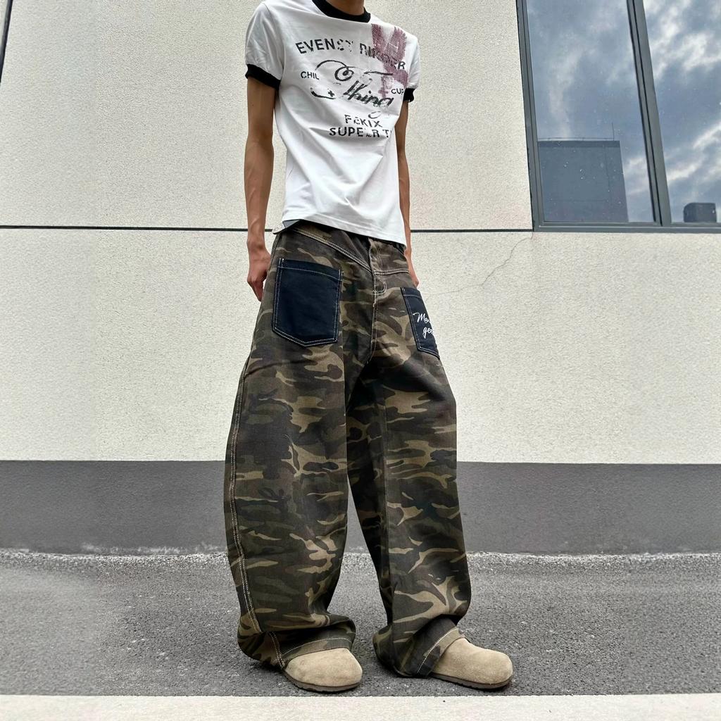 American retro patch pocket camouflage scimitar jeans men and women street ruffian handsome loose wide-leg casual overalls