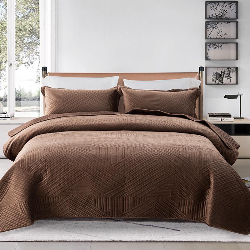Solid Color Crystal Velvet Quilted Bedspread 3-Piece Set - Casual Home Bedding Blanket