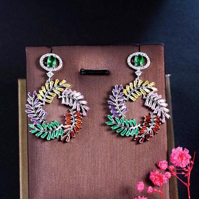 CMM Unique Party Multicolor Zirconia Jewelry Hollow Leaf Pendant Earrings