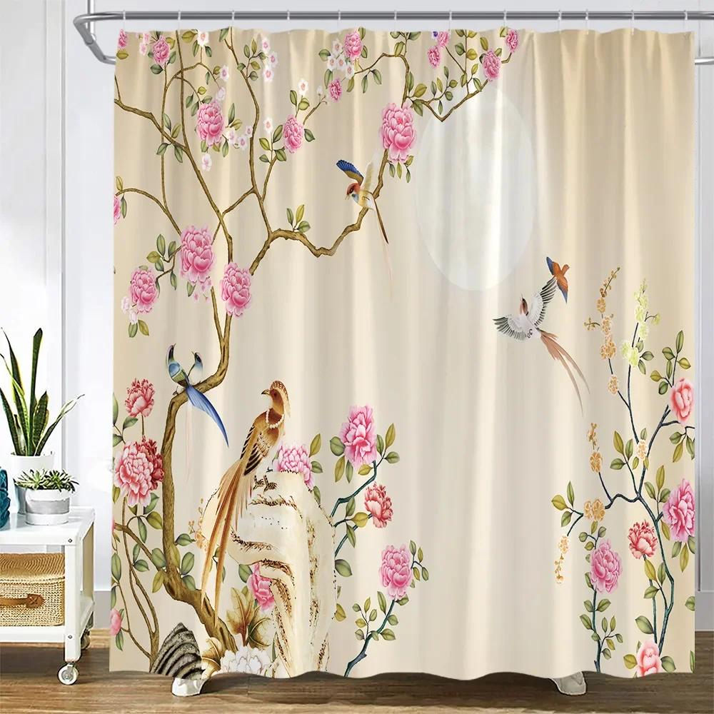 Flowers Bird Shower Curtains Floral Plant Vintage Chinese Style Bath Curtain Set Polyester Fabric Bathroom Decoration With Hooks