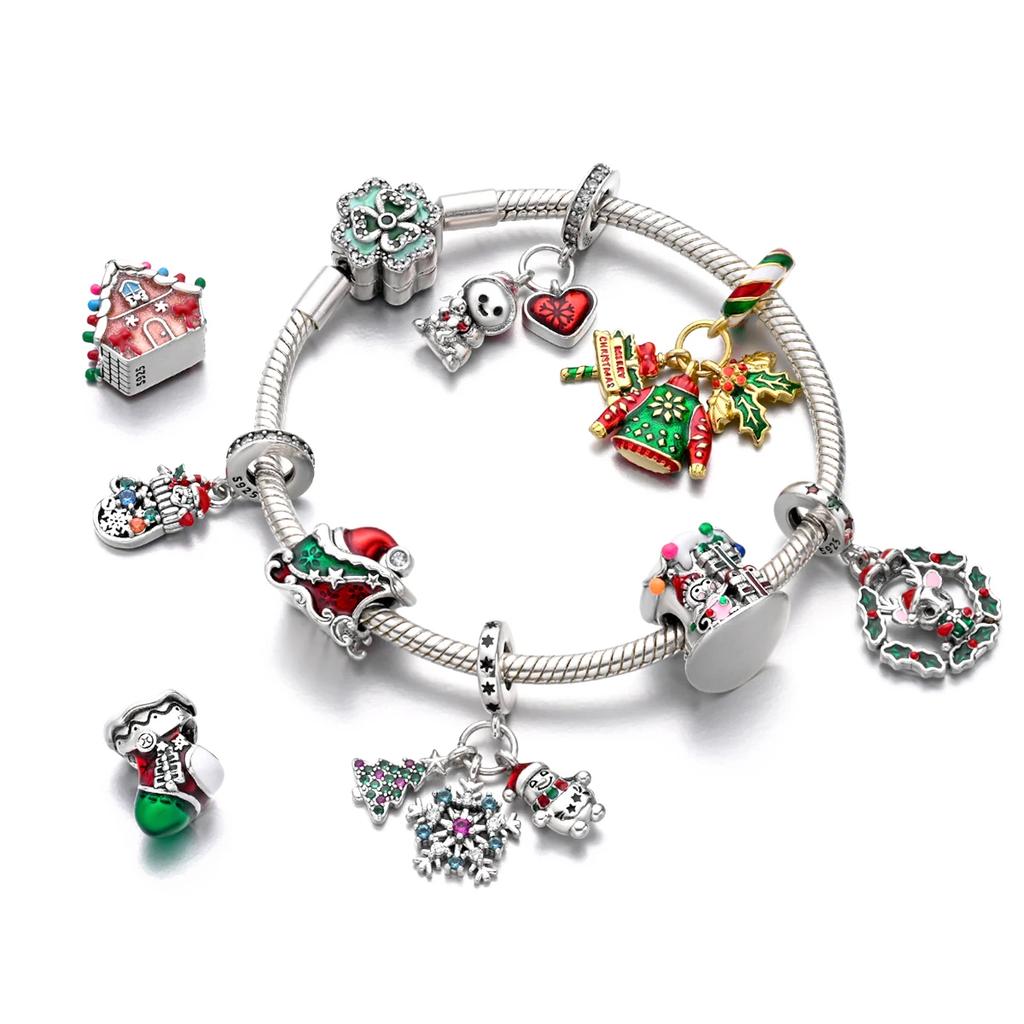 Copper Santa Claus Christmas Tree Charms Shiny Zircon Bead Fit Original Bracelets Diy Festival Fine Jewelry Gifts For Women