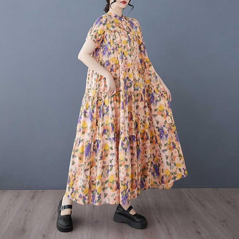 Cotton 2025 Summer Women's Loose Large Size Fashion Printed Long Dresses