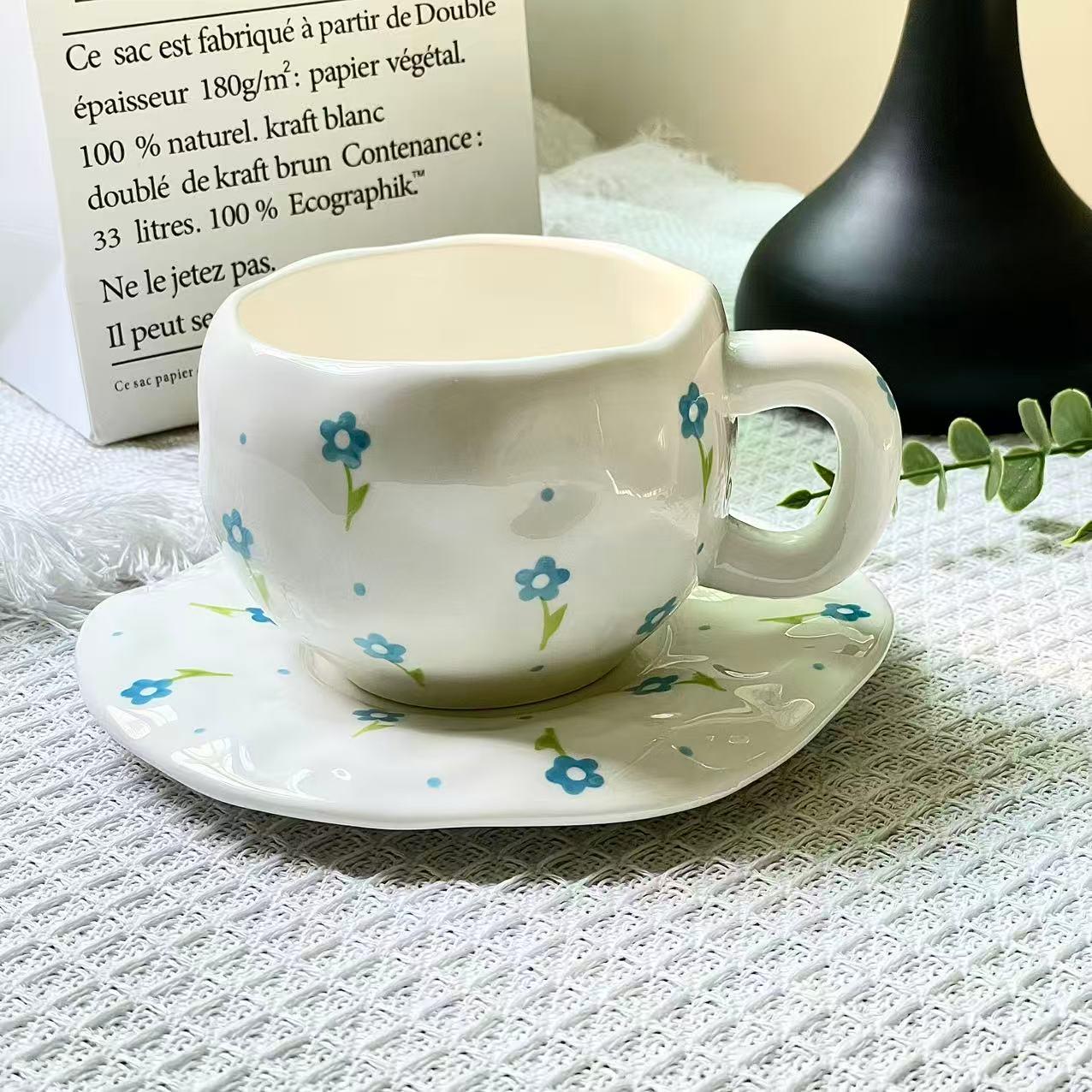 

Korean Hand-Painted Ceramic Cup & Saucer Set - Creative Irregular Design for Coffee & Tea Coffee cup and saucer