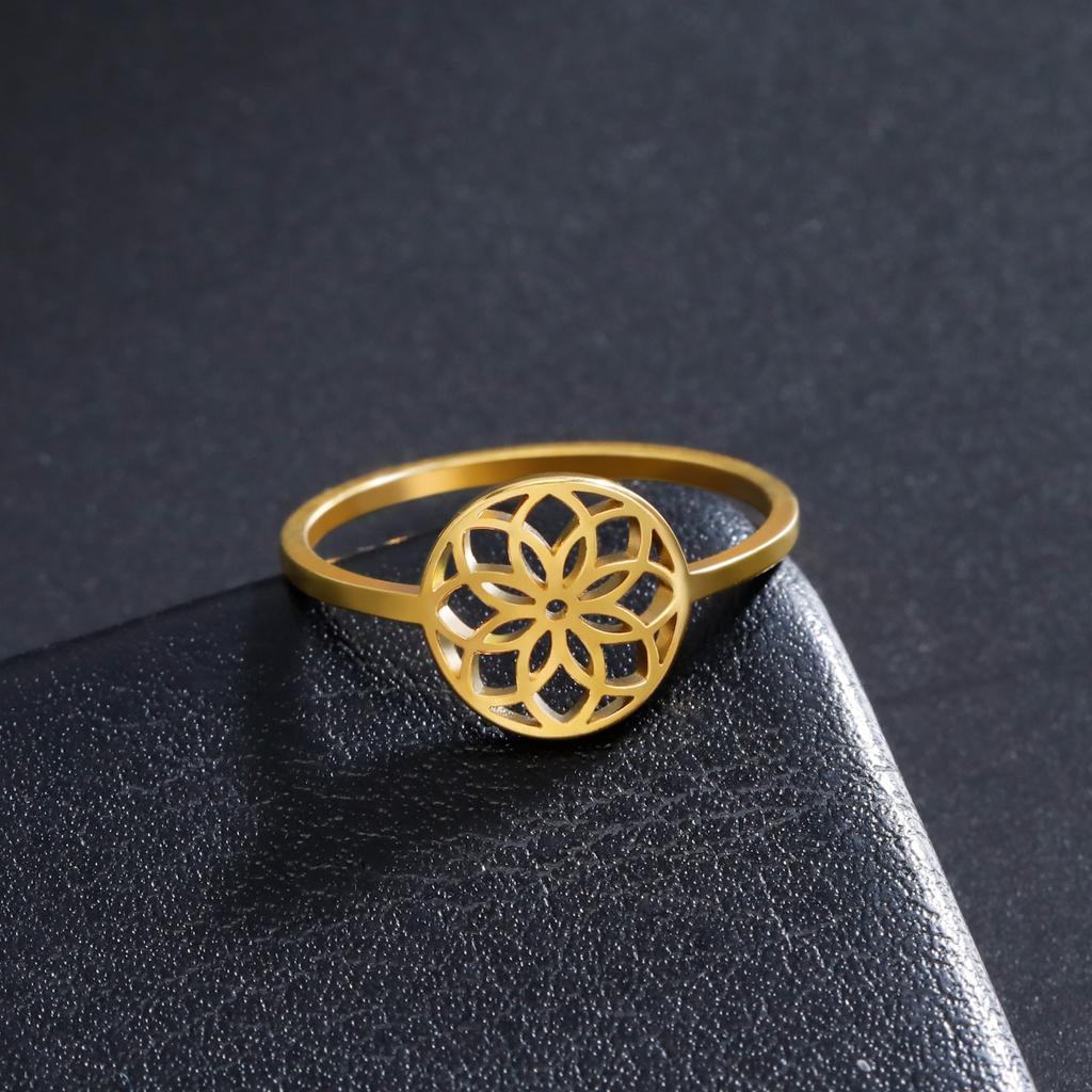 Sacred Geometric Flower of Life Ring Women Stainless Steel Gold Finger Rings Vintage Amulet Jewelry Gift