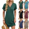 Women's Fashionable Color V-neck Button Short Sleeved T-shirt Loose Dress