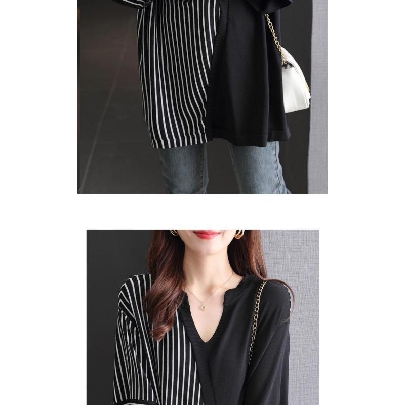 Plus Size Summer New Women's Clothing Lazy Style V-neck Loose Bottoming Thin Section Niche Five-quarter Sleeve Top Striped Splicing