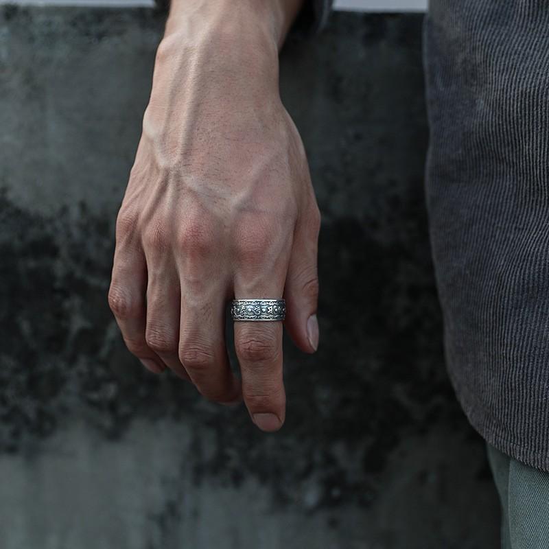 Adjustable Sterling Vintage Tibetan Mantra Ring Men Women Geometric Ethnic Style Lucky Charm Band