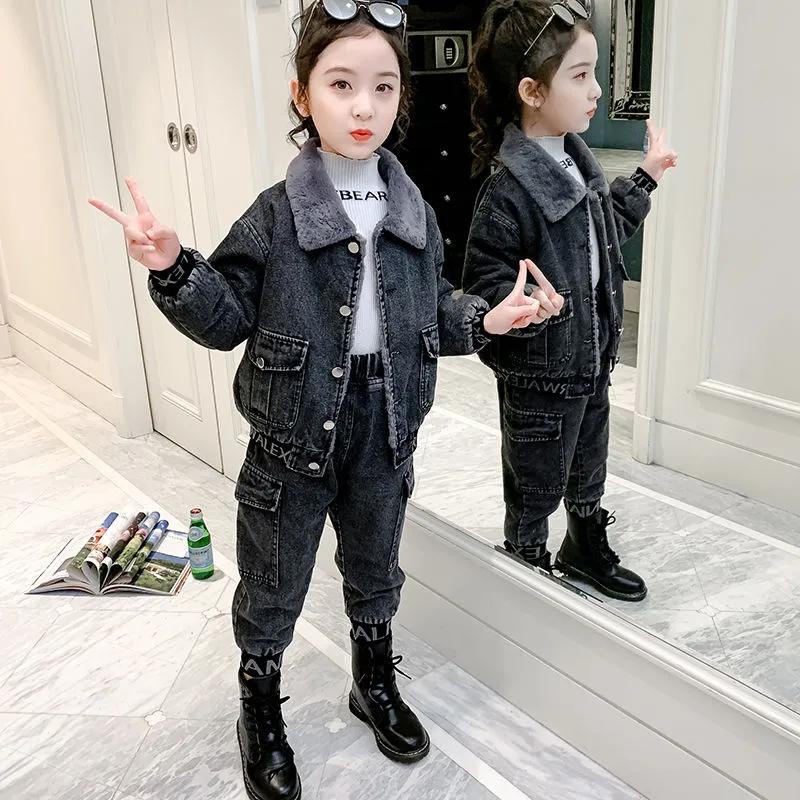 Meisjes Plus Velvet Denim Pak Herfst en Winter Mode Kleine Meisjes Winterkleding Kinderen Dik Denim Tweedelig Pak