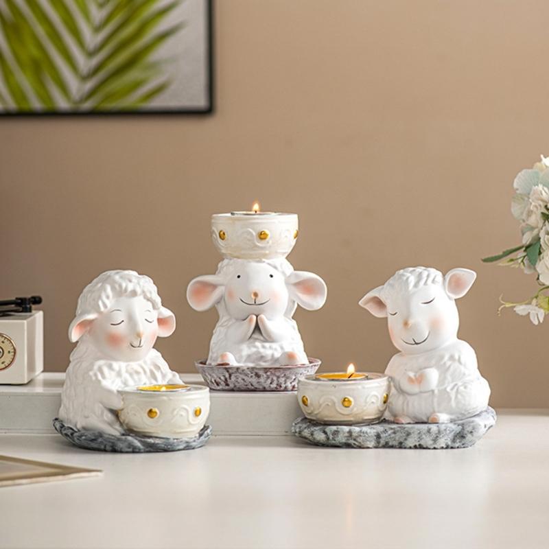 Handcrafted Cartoon Sheep Candle Holder Resins Lamb Tealight Stand Holiday Centerpieces Candlestick For Mantels Decors