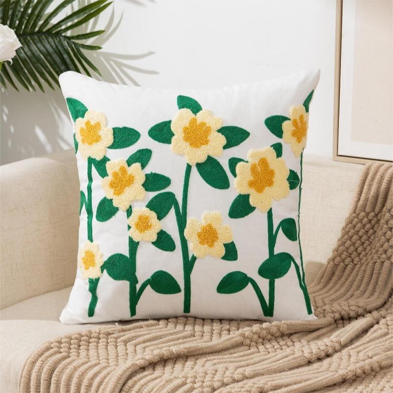 Embroidered Throw Pillow Cover - 18x18 Inch Decorative with Zipper  for Living Room Couch Sofa Bed Aesthetic Design Flower