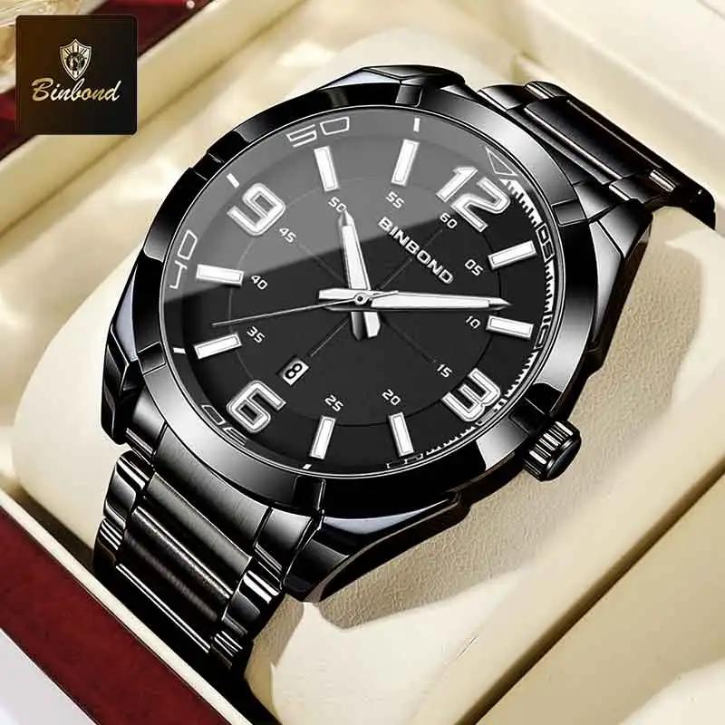 BINBOND New Business Men's Watch Luxury Stainless Steel Strap Waterproof Sports Watch Original Luminous Quartz Watches for Men