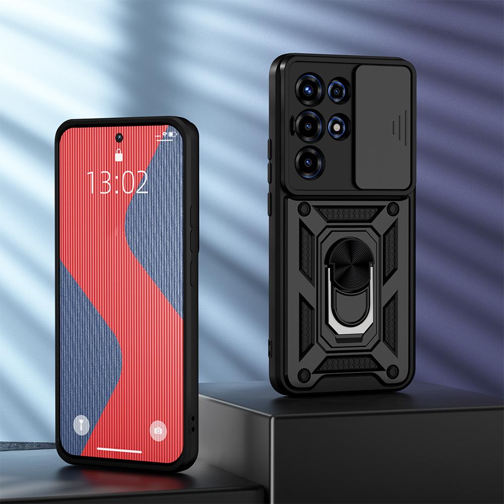 KEYSION Shockproof Armor Case for Itel SUPER 26 Ultra Slide Camera Lens Protection Ring Stand Phone Cover for Itel S26 Ulltra