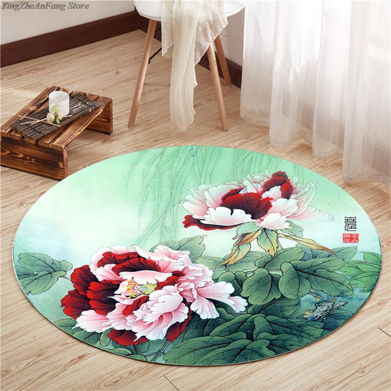 Rond Chinese Stijl Lotus Tapijt Chinese Schilderkunst Kunst Geprint Tapijt Woonkamer Slaapkamer Decoratie Tapijt Bedside Antislip Vloermat