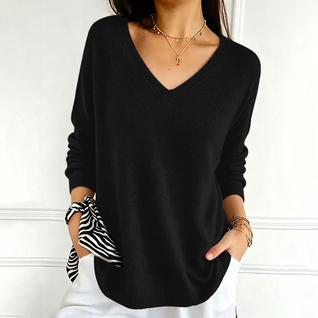Women's Color V-Neck Long Sleeve Knit Sweater Casual Basic Lightweight Top for Daily Wear