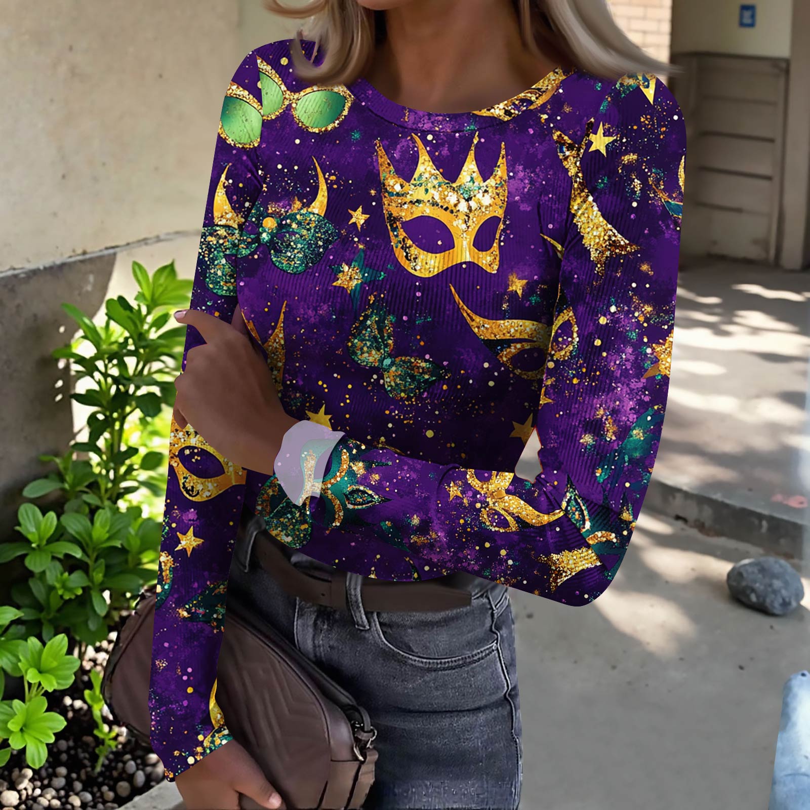 

Женская футболка с облегающим низом, модная повседневная с градиентным принтом, пуловер с круглым вырезом и длинными рукавами S золотой