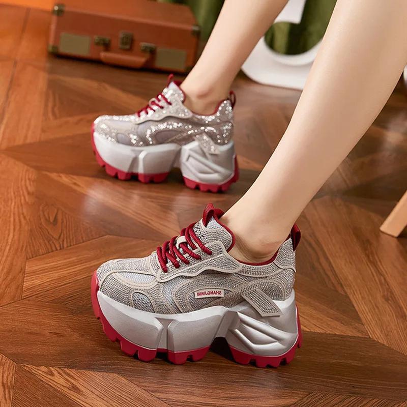 Fashion High Quality 11CM Microfiber Leather 2025 Spring Shoes Ankle Booties Women Vulcanize Chunky Sneakers Platform Wedge Bling Autumn