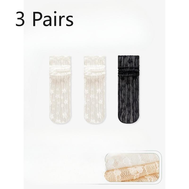 3 Pairs of Women's Summer Thin Lace Flowers In The Tube Pile Socks