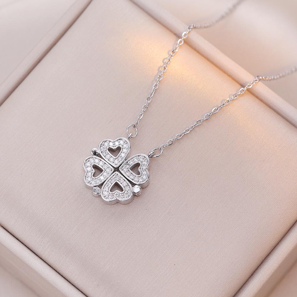 1pc Heart Shaped Four Leaf Clover Pendant Necklace Jewelry Zircon Women Love Clavicle Chain Gifts Openable ChokerJewelry